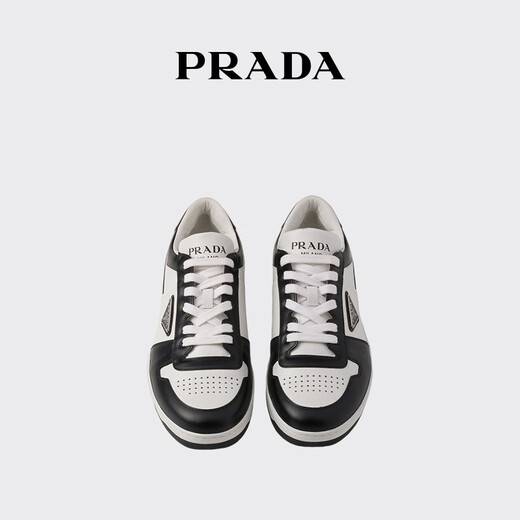 PRADA/Prada Gift Men's Downtown Triangular Logo Decorated Calf Leather Sneakers White/Black 42 (8)