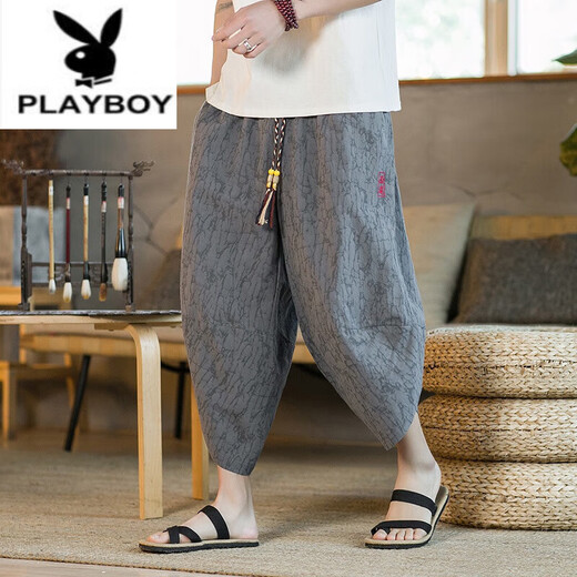 花花公子（PLAYBOY）夏季男士七分亚麻裤风提花裤子棉麻休闲裤宽松大码八分哈伦裤 灰色 L