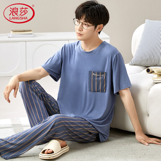 LangSha (LangSha) Modal Men's Pajamas Summer 2025 New Short Sleeve Ice Silk Large Size Loose Home Clothing Outdoor Set 6623 L