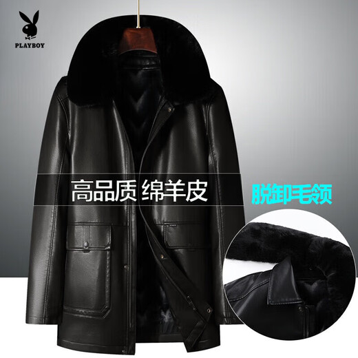 Playboy, middle-aged and elderly genuine leather jacket for men with velvet thickened large size men's mid-length parka coat for men sheepskin coat black [fox real hair collar] XL 180 [140-160Jin [Jin equals 0.5 kg] wear]