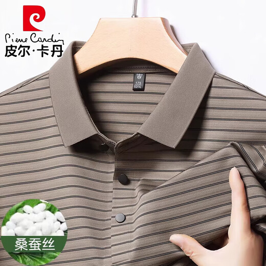皮尔卡丹（pierre cardin）夏季中年男士桑蚕丝短袖t恤翻领条纹爸爸装体恤polo衫 H9866卡其 M 165 推荐90-120斤