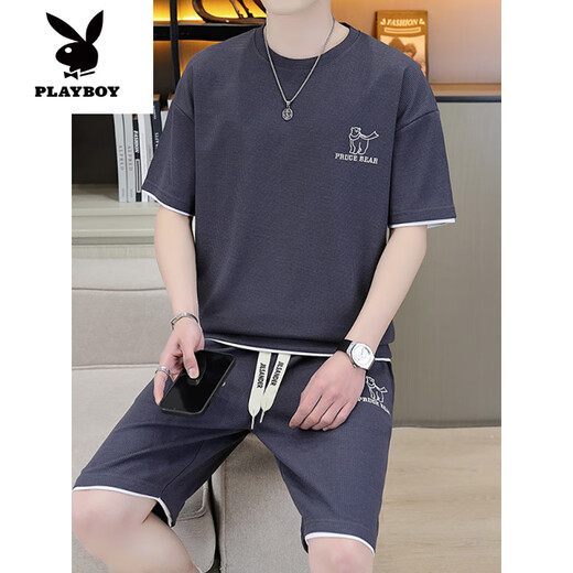 Playboy (PLAYBOY) high-end casual sports suit for men's summer shorts with breathable T-shirt for men's summer teenagers [Set] 6182 apricot color 3XL (recommended 175-195Jin [Jin equals 0.5 kg])