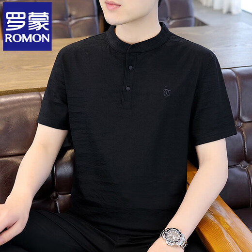 
Romon men's stand-up collar short-sleeved polo clothes summer linen t-shirt men's thin fashion cotton linen half-sleeved casual top 62372 gray 3XL 160Jin [Jin equals 0.5 kg] about