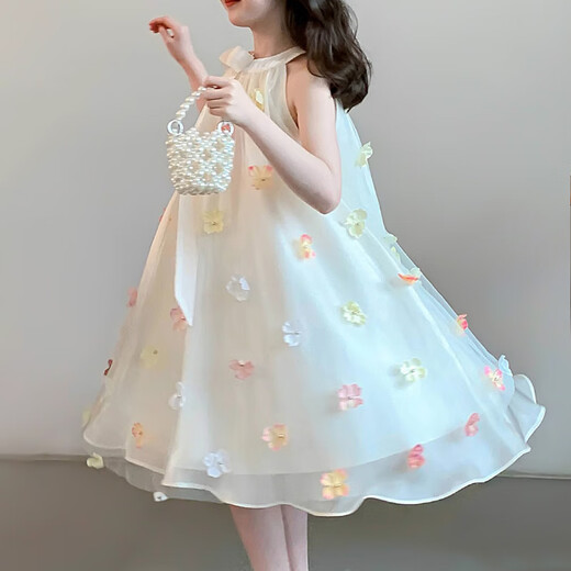Feiyao Girls' Skirt Summer 2025 New Children's Clothing Fashionable Girl Mesh Princess Dress Baby Summer Halve Neck Dress Summer Halve Neck Halve Neck Flying Princess Dress 140 Size Recommended Height 130