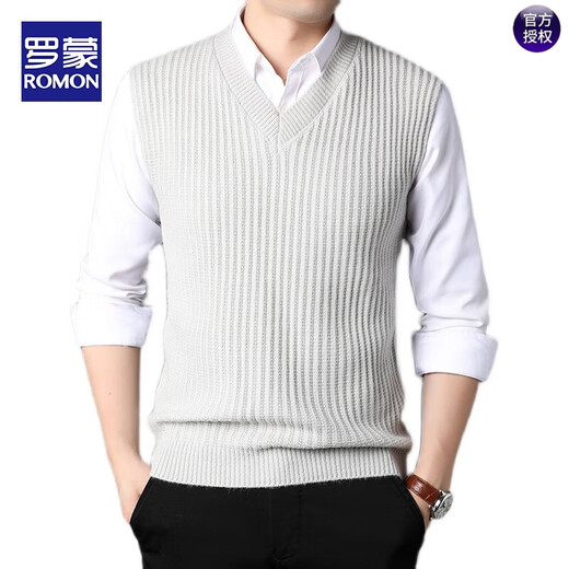 罗蒙（ROMON）针织马甲背心男士V领宽松纯色秋冬无袖中青年毛衣柔软仿貂绒坎肩 浅灰 L 170