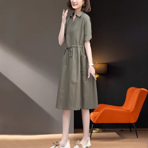 LISM light luxury international high-end brand dress with high-end 2025 summer new cotton linen thin model fat mm age-reducing large size V-neck navy 6628 M (approximately suitable for 118 Jin [Jin equals 0.5 kg])