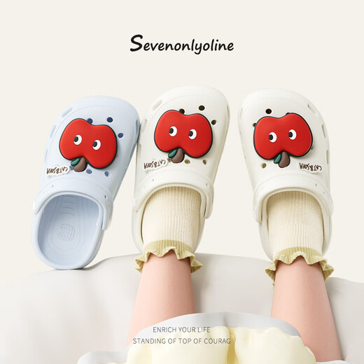 SEVEN ONLY OLINE Apple children's clogs for boys and girls in summer, lightweight non-slip home toe-toe slippers for middle-aged and older children, white Apple shoe flower 19 0, inner length 19cm, suitable for feet 29-30