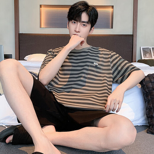 
Hongdou (Hodo) pajamas for men's summer short-sleeved home clothes striped casual summer suit YZT679 men L [Suggested 110-135 Jin [Jin equals 0.5 kg] wear]