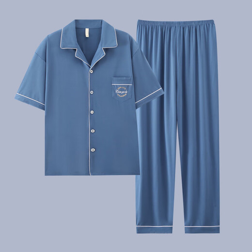
Heyu men's pajamas men's short-sleeved summer thin cotton teenage pajamas men's plus size spring and summer home clothing set G3881 blue (short-sleeved) 175 L [recommended 100-120 Jin [Jin equals 0.5 kg]]