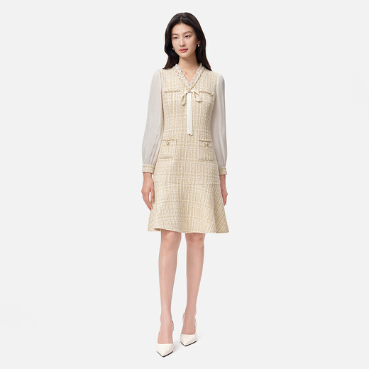 Kelaitel 2025 new autumn wool fake two-piece fragrant dress temperament fishtail skirt light orange yellow L