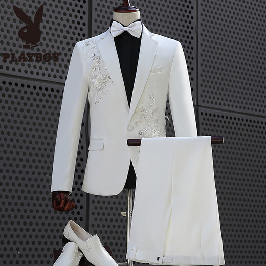 Playboy (PLAYBOY) White Embroidered Suit Singer Performance Suit Male Emcee Host Men's Chorus Dress Men's Suit Suit White Suit Jacket + Pants + Waistband + Bow Tie L Height 175 Weight 145 Jin Jin is equal to about 0.5 kg