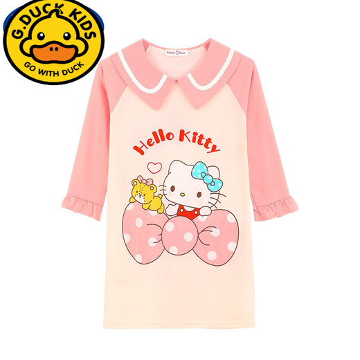 G.DUCKKIDS girls nightgown princess long sleeve spring and autumn pure cotton children's pajamas girls medium-sized children summer thin home clothes mother and daughter princess collar long skirt WJ9909# strawberry bear size 8 [recommended height 90-100cm]