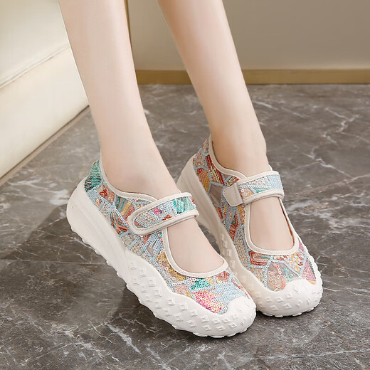 Women's shoes 2025 summer new breathable and lightweight Mary Jane Velcro one foot thick sole anti-slip slow step mother's shoes YGNX-677 blue 35
