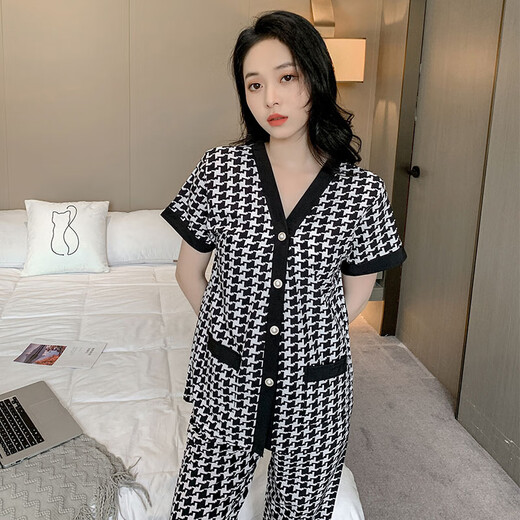 夏天睡衣女短袖长裤薄款开衫空调服宽松大码家居服女士套装可外穿 QDM【Y867-2#】黑色千鸟格 2XL
