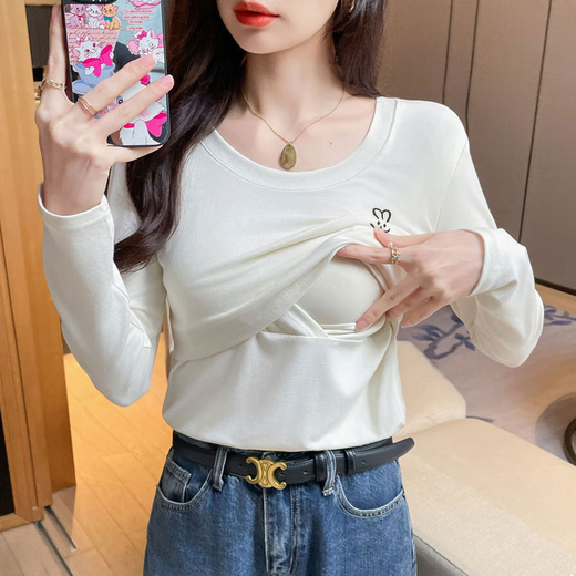 上掀无拉炼交叉哺乳上衣秋冬外出辣妈款产后期显瘦哺乳月子服 9276白色可乐瓶盖短袖上掀哺乳口 M M建议80-105斤