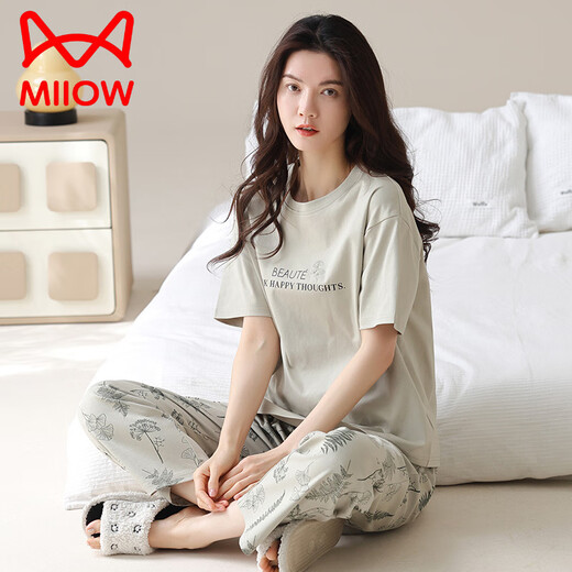 猫人（MiiOW）2025年新款睡衣女士夏季纯棉短袖长裤可外穿休闲品牌家居服套装 YZT9719 XL 【建议120-140斤穿】