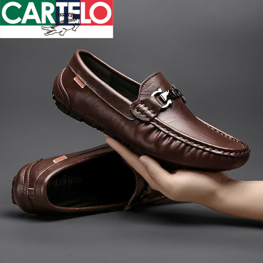 CARTELO men's shoes for autumn new summer breathable cowhide bean shoes genuine leather men's soft sole British casual leather shoes brown mesh (9901) 38