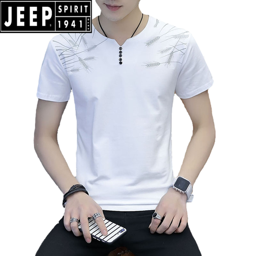 JEEP SPIRIT夏季V字领短袖t恤男装韩版半截袖内衬时尚透气凉感修身短袖衫汗衫 白色Q693短袖 M