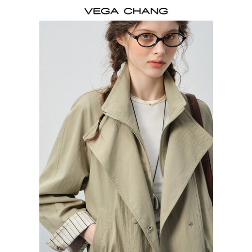 VEGA CHANG windbreaker for women petite 2026 spring new style waisted short cuffs striped splicing loose jacket fog khaki S