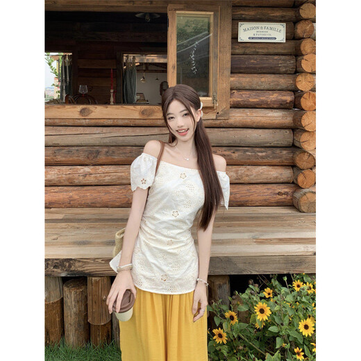 ZIPJBX Korean version slim and heavy industry embroidered hollow flower shirt top high waist slim and versatile wide-leg pants suit for women trousers 3291 S