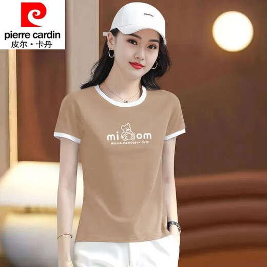 Pierre Cardin 25 Cotton Damen-T-Shirt Spleißkontrastfarbe, damit sie im Sommer dünn und dünn aussieht. Briefe sind elegante und vielseitige dreidimensionale Kurzarmdrucken. Weiß 9902-54zz Combed Cotton M empfohlen 100jin [Jin entspricht 0,5 kg]