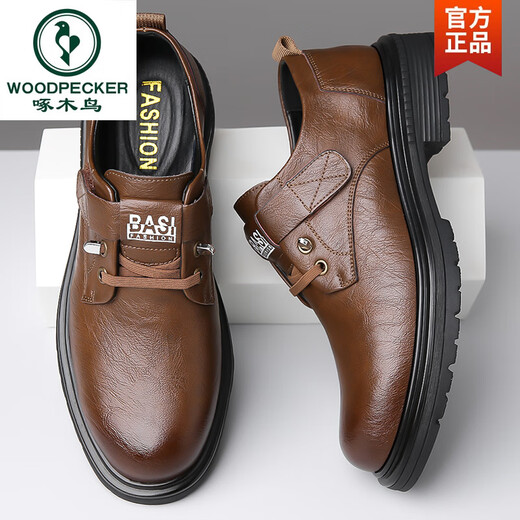 Woodpecker men's shoes spring 2025 new large leather shoes men's business formal casual shoes genuine leather low-top Martin shoes brown plus velvet 38