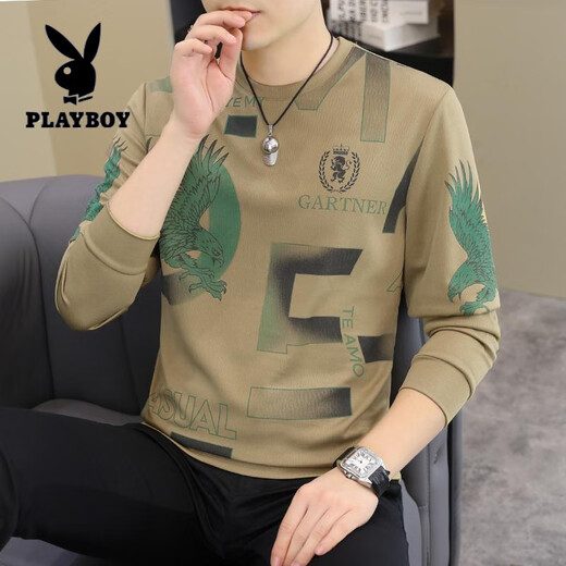 花花公子（PLAYBOY）2025春秋新款男士长袖T恤小衫个性欧货卫衣打底衫加大码男装上衣 【春秋】6628卡其 薄款 M 90-115斤
