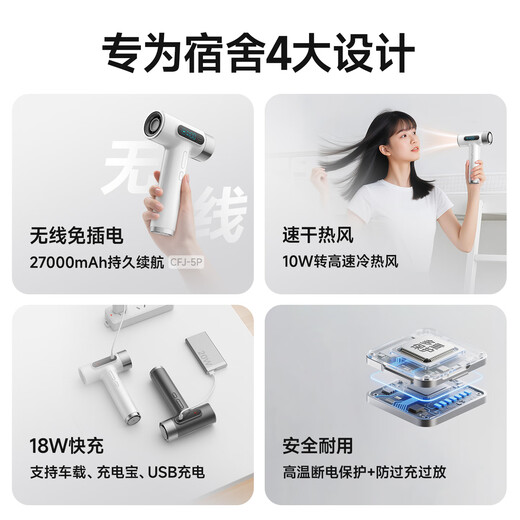 VVU&CCO rechargeable wireless hair dryer hair dryer student dormitory hot and cold hair drying portable type-c rechargeable high-speed hair dryer art joint examination pearl white 100,000 rpm motor fast charge/100 gears/unplugged hot air