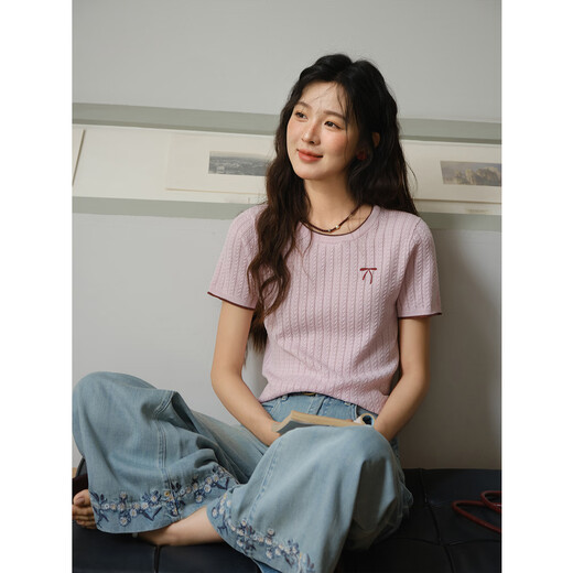 谜秀樱花粉挑空扭绳针织衫2025夏季新款蝴蝶结刺绣撞色边设计短款上衣 花色 樱花粉 上衣 M