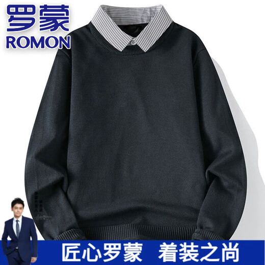 罗蒙（ROMON）高端假两件套头毛衣男士春秋款时尚休闲商务衬衫领打底上衣针织衫 黑色【假两件针织衫】 2XL
