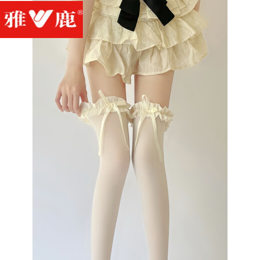 Yalu Lolita white over-the-knee socks, thin velvet high thigh socks, pure lust lace bow stockings, creamy yellow, 1 pair, one size fits all, good elasticity