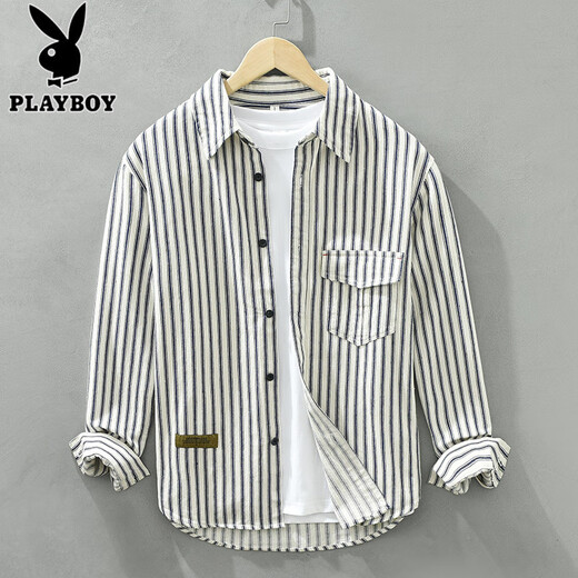花花公子（PLAYBOY）长袖条纹衬衫男生休闲纯棉衬衣春秋季新款潮流时尚青少年牛仔外套 6628白色 M