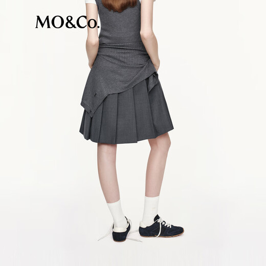 MO&Co. C+ Series Skirt 2025 Autumn New Sheep Wool Worsted I-pleat High Waist MBE3SKT030 Dark Pattern Gray S