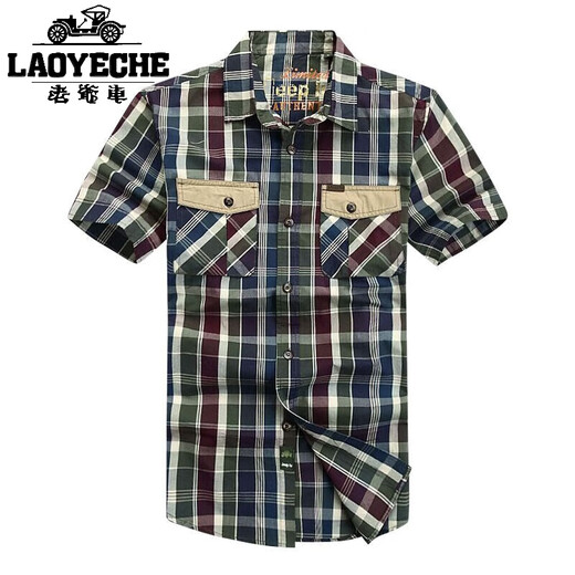 Classic Car High-End Pure Cotton Casual Kurzärmer Hemd für Männer 2025 Sommer dünne, atmungsfreie hautfreundliche neue lose karierte Hemd Military Green 5009 m