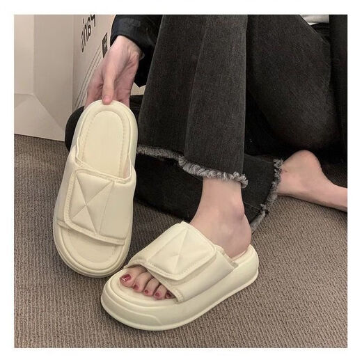 Four seasons new thick-soled slippers for women wearing outside with versatile and high-quality and fashionable temperament Fairy-style summer slip Velcro 9923 [White] Velcro 36 -37 [One size smaller]