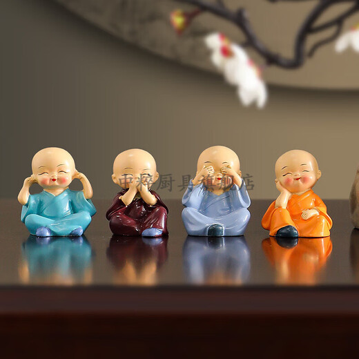 Chinese Zen Four Little Monk Tea Table Ornaments Tea Pet Accessories Decoration Tea Table Coffee Table Office Desktop Small Furnishings Straw Hat - Little Monk Playing Music, Chess, Calligraphy and Painting (Set of 4)