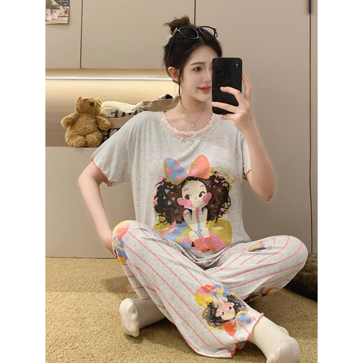 
Modal 2025 new pajamas for women in summer with chest pads short sleeves cute cartoon for outdoor wear three-piece set RM3519 bow girl fixed breast pad M