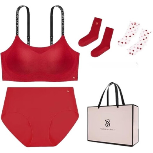Victoria's Secret Victoria's Secret Red Jelly Strips Red Gift Box Jelly Strip Bra Comfortable Triangular Mid-waist Panties Full of Love Prints Set (Red) XS (XS/M)