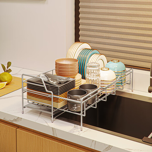 Jijian Space Kitchen Bowl Rack Drain Rack Countertop Multi-function Pool Place chopsticks Water Cup Storage Rack Tableware Bowl Dish Storage Rack M688 Small Single Layer Silver Gray 47CM No Pendant