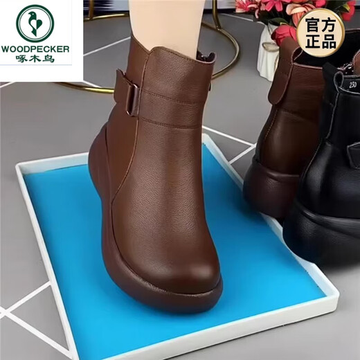 Specht Leder Martin-Stiefel für Frauen 2024 Neue Winterdicke-Short-Stiefel mit Fleece warmem Fell integrierter Mutter Baumwollschuhe schwarz 40