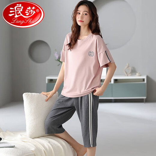 Langsha 100% pure cotton pajamas for women in summer large-size short-sleeved suit Korean casual cartoon cotton cropped pants home clothing N9856 4XL (180-200Jin [Jin equals 0.5 kg])