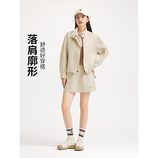热风女士夹克外套上衣2025年秋季新款运动机能工装风立领拉链短外套 08杏色 S