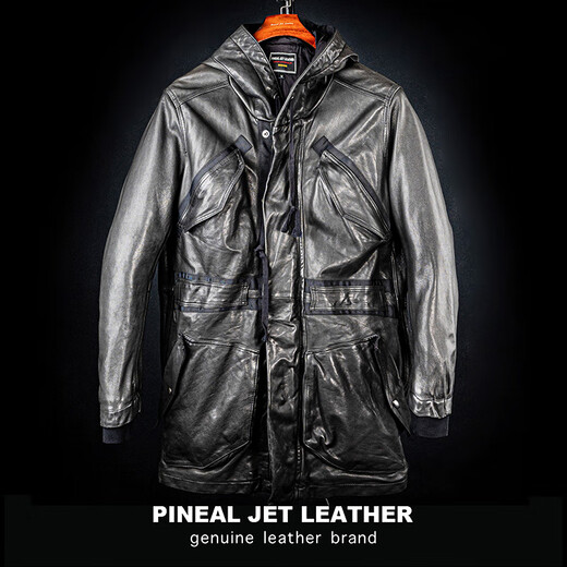 PJL男款头层绵羊皮水洗风衣做旧复古帽子长皮衣皮夹克外长水洗帽 黑色 L (160斤以下)