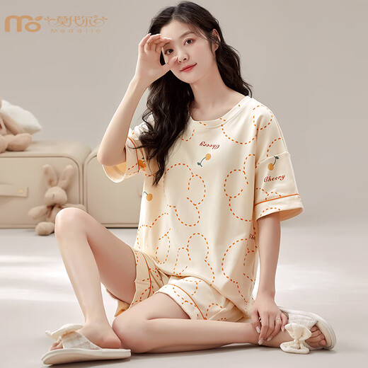 
Modal summer short-sleeved pajamas set for women with breast pads integrated home clothing large size anti-convex dots can be worn outside in summer thin style GXT1047 M