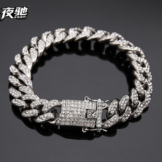 Yechi European and American street rap shining full diamond necklace Cuban chain bracelet hip-hop style nightclub bar men and women clavicle chain full diamond Cuban (necklace) 50cm silver