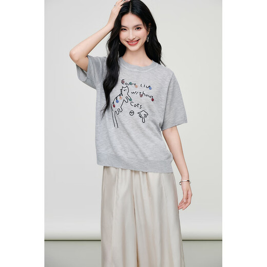 Basic House, einhundert lustiges Muster kurzärmeligter Pullover für Frauen, Sommer neu dünn lose einfaches Top, grau m