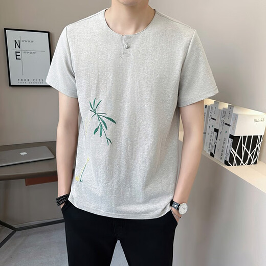 
SATCHI new Chinese style bamboo embroidered short-sleeved men's summer v-neck national trend T-shirt men's linen cotton linen new Chinese style half-sleeved 9856 khaki M (about 90~105 Jin [Jin equals 0.5 kg] can be worn)