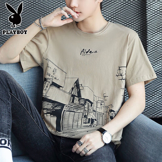 花花公子（PLAYBOY）纯棉短袖t恤男士2025新款半袖体恤衫宽松潮流夏季男装上衣服 Z829灰色 XL 【建议128-143斤】