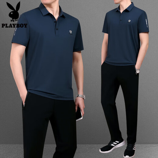 花花公子（PLAYBOY OUTDOOR）冰丝t恤男士套装夏季薄款休闲男装运动服中年短袖男父亲节爸爸装 755橘红 3XL建议160斤---180斤T恤+裤子