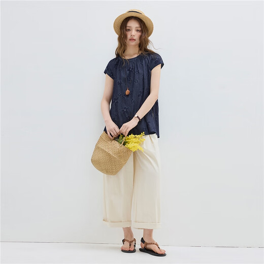 Giordano Designer kurzärärmiges Hemd für Frauen reines Baumwoll loser runder Nacken fliegende Ärmel Langes Jeanshemd 18345210